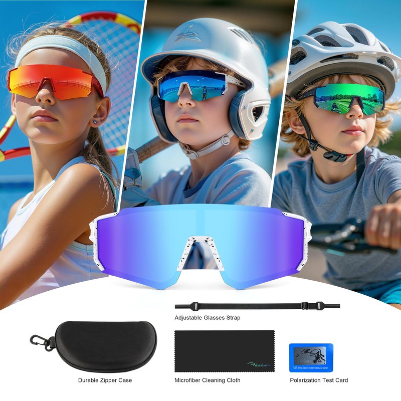 Fanshen Kids Baseball Sunglasses for Boys Girls Ages 3-12, Sports Polarized Youth Baseball Softball Sunglasses UV Protection (Blue/Red)