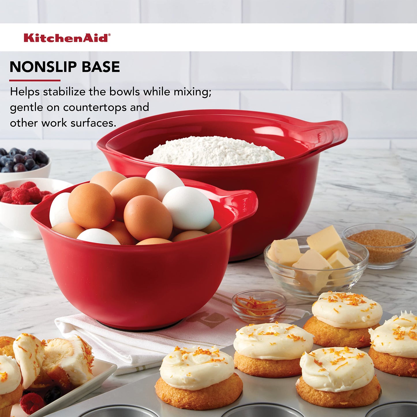 KitchenAid Universal Nesting Plastic Mixing Bowls, 2.5 quart, 3.5 quart, 4.5 quart, Non Slip Base with Easy Pour Spout to Reduce Mess, Dishwasher Safe, Set Of 3, Empire Red