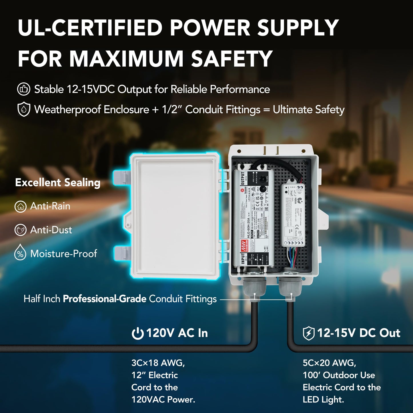 HQUA PN01DC LED Inground Pool Lighting System RGBW Color Change 10 Inch 50W, Remote/App Control, 120V AC, 100 Feet Cord
