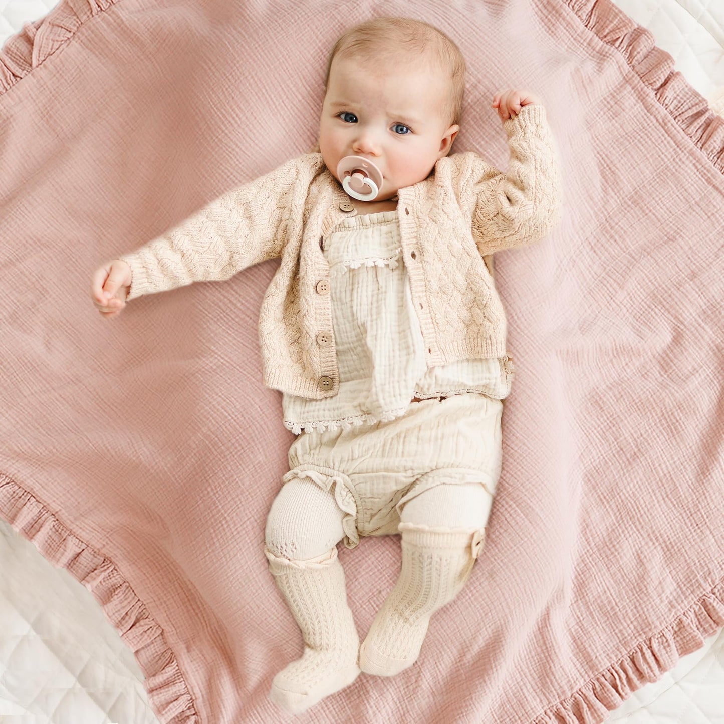 Konssy Flounce Muslin Baby Blanket for Girls Boys, 100% Cotton Soft Crib Swaddle Blankets, Reversible & Breathable Nursery Bedding for Newborns Toddlers, 40 x 36 Inches (Pink)