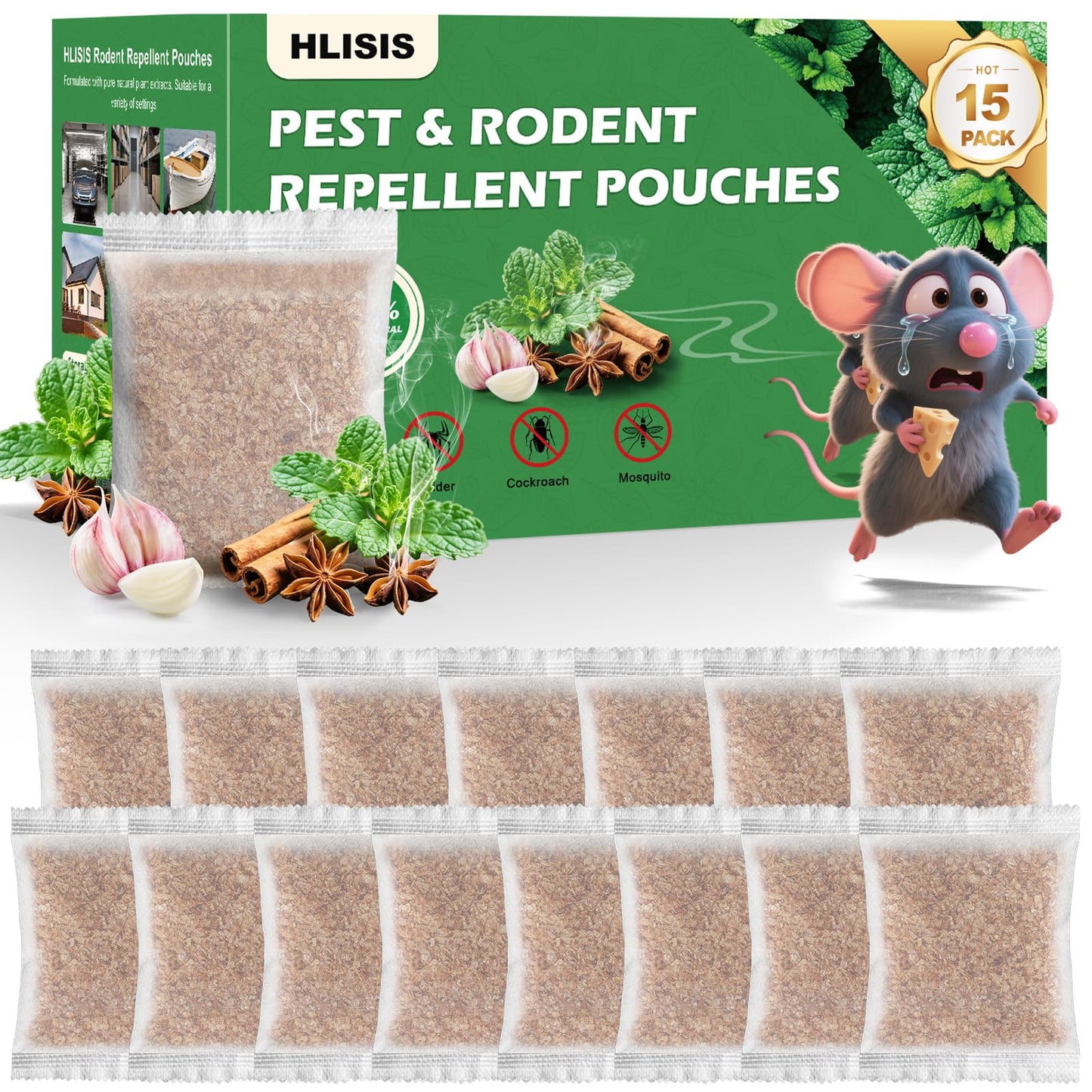 HLISIS 15 Pack Mouse Repellent Pouches, Peppermint Oil Repellent for Mice, Natural Rodent Repellent Pouches Effectively Repels Rodents, Mosquito, Spiders, and Other Pests, Indoor & Outdoor Use