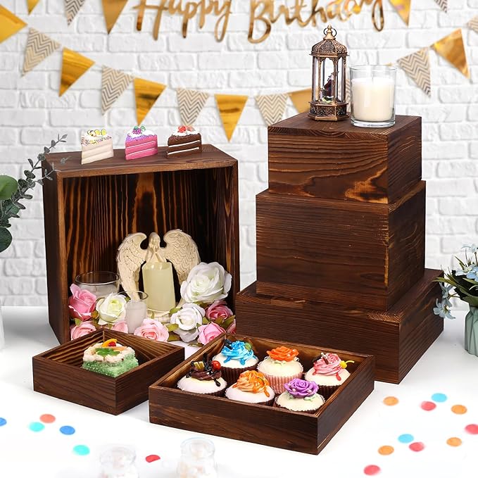 6 Pack Wooden Risers Display Stands Rustic Wood Cake & Cupcake Stands for Party Square Food Risers for Buffet Wooden Crates for Display Home Decor