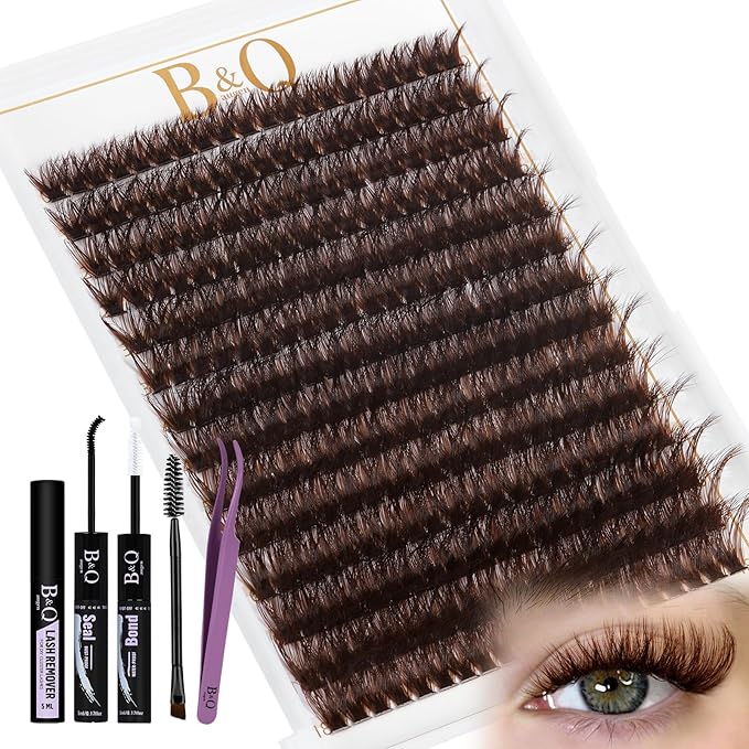 B&Q Mocha Brown Lash Clusters Kit | 280 Pcs Brown Wispy & Natural Eyelash Clusters for Beginner DIY, Complete Lash Extension Kit with Bond and Seal, Fake Eyelashes for Natural Look（80D 10-18mm)