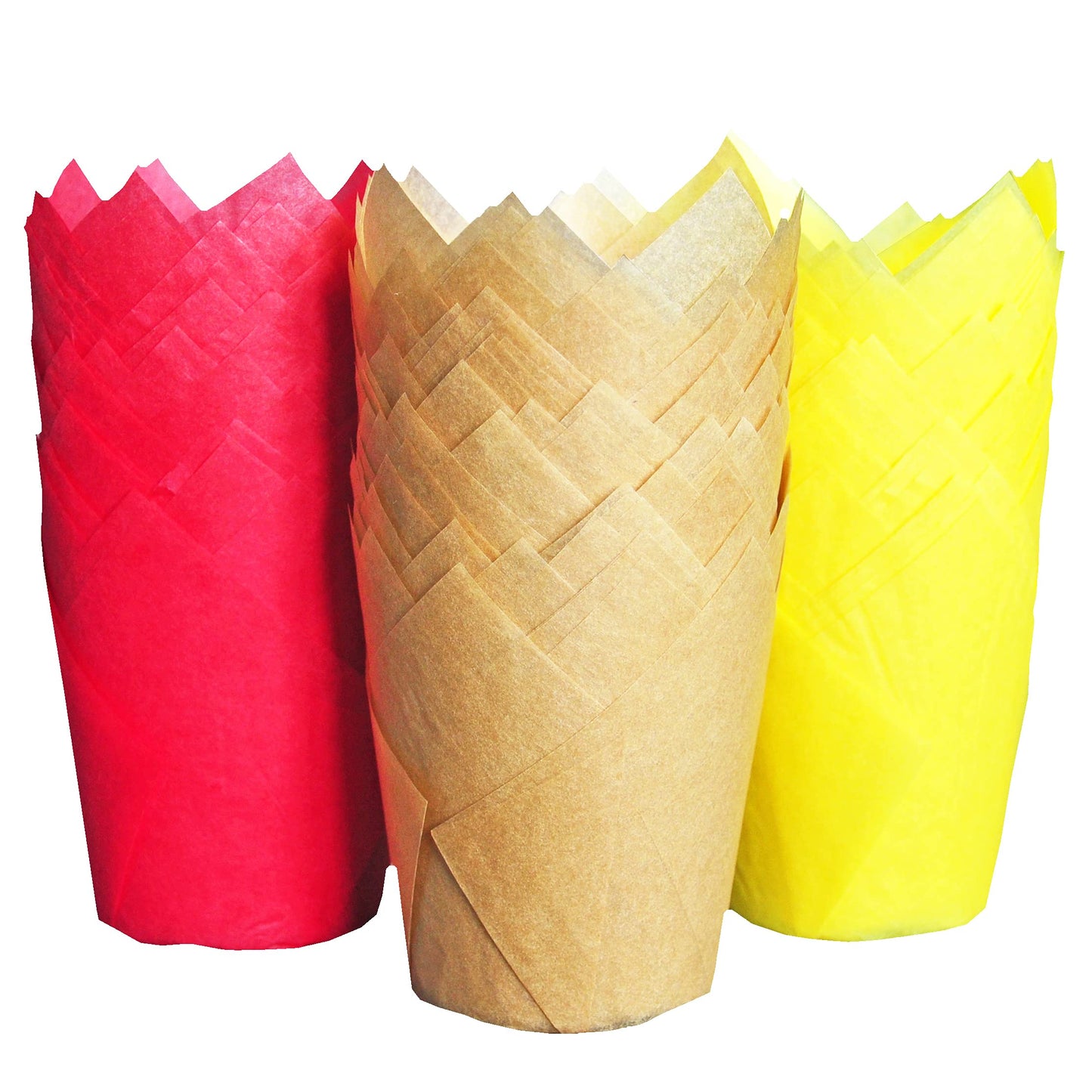 QLSmypkg Large Greaseproof paper Wrappers Muffin Baking cupcake cups liners, 2-1/4" x 4" Natural,Red,Yellow 3 colours in a box Tulip Baking Cups Holders 125 pcs (Large) (125, Multi Red,Yellow,Natural)