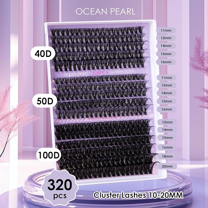 Ocean Pearl Lash Clusters 320PCS Thick Individual Lashes 11-20MM 40D 50D 100D DIY Lash Extension Soft Eyelashes Thick Volume Fake Lashes Cluster Eyelash Extensions For Beginners-40+50+100D