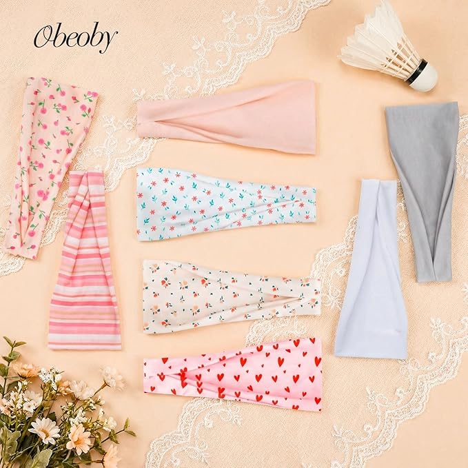 obeoby 8 Pack Pink Cute Headbands for Girls Daughter, Floral Stripe Headbands for New Moms Gifts Spring Summer Outfit Non Slip Wide Headband