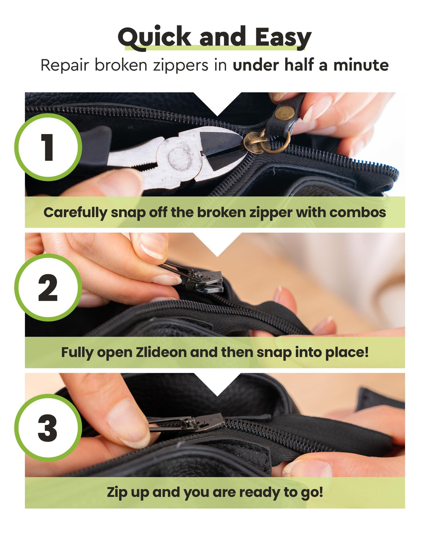 Zlideon Zipper Repair Kit for Plastic Zippers Multipack - 4pcs, Black | Instant Zipper Pull Replacement Slider for Kids’ Clothing, Sportswear, Duvet Covers | Easy to Install | Made in Germany