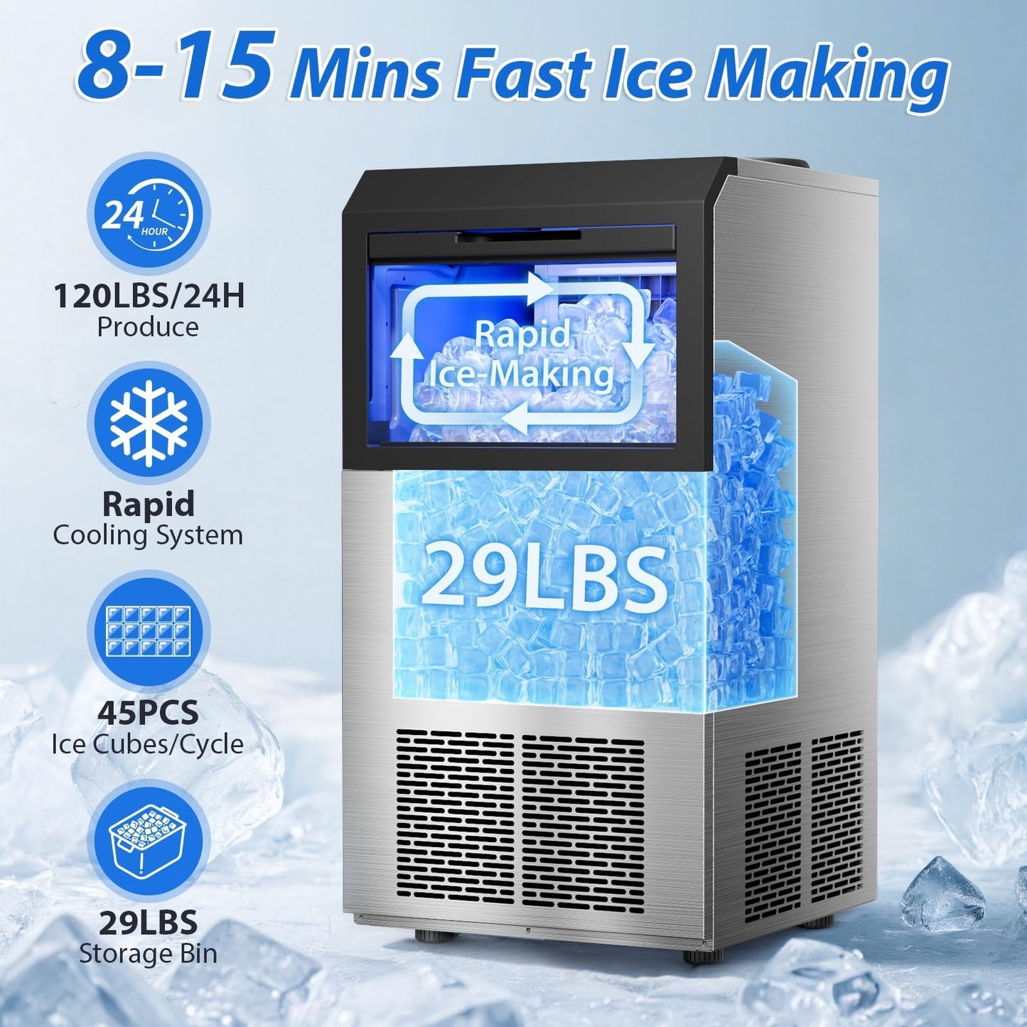 Commercial Ice Maker Machine, 120lbs/24H Stainless Steel Under Counter ice Machine with 45 Ice Cubes/Cycle, 2 Water Inlet Modes, Self Clean, 24H Timer,29LB Storage Bin for Bar, Coffee Shop, Home