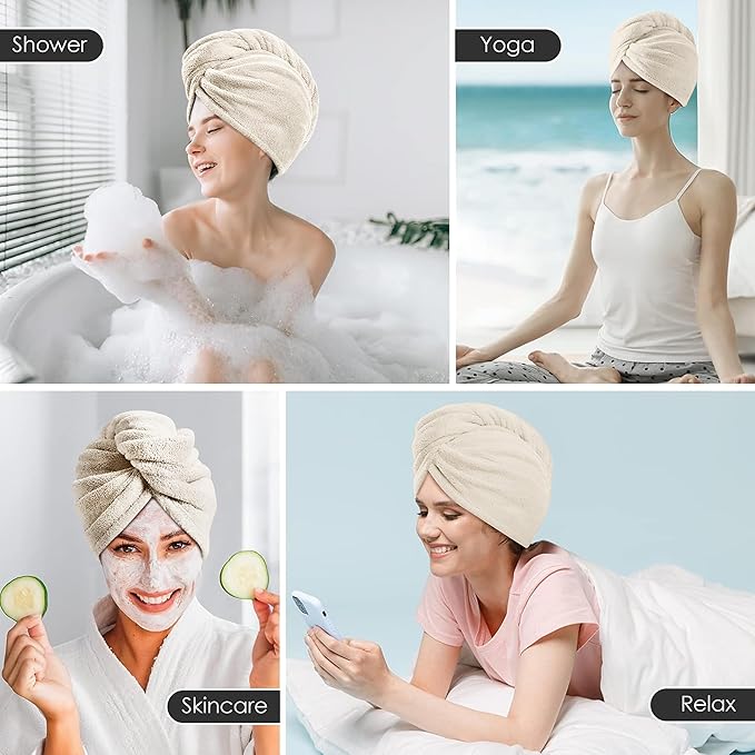 TENSTARS 5 Pack Thicken Microfiber Hair Towel Wrap for Women - Elastic Loop Design - 320GSM Coral Velvet - Quick Dry Hair Turban - 11x28 Inch (Cream)