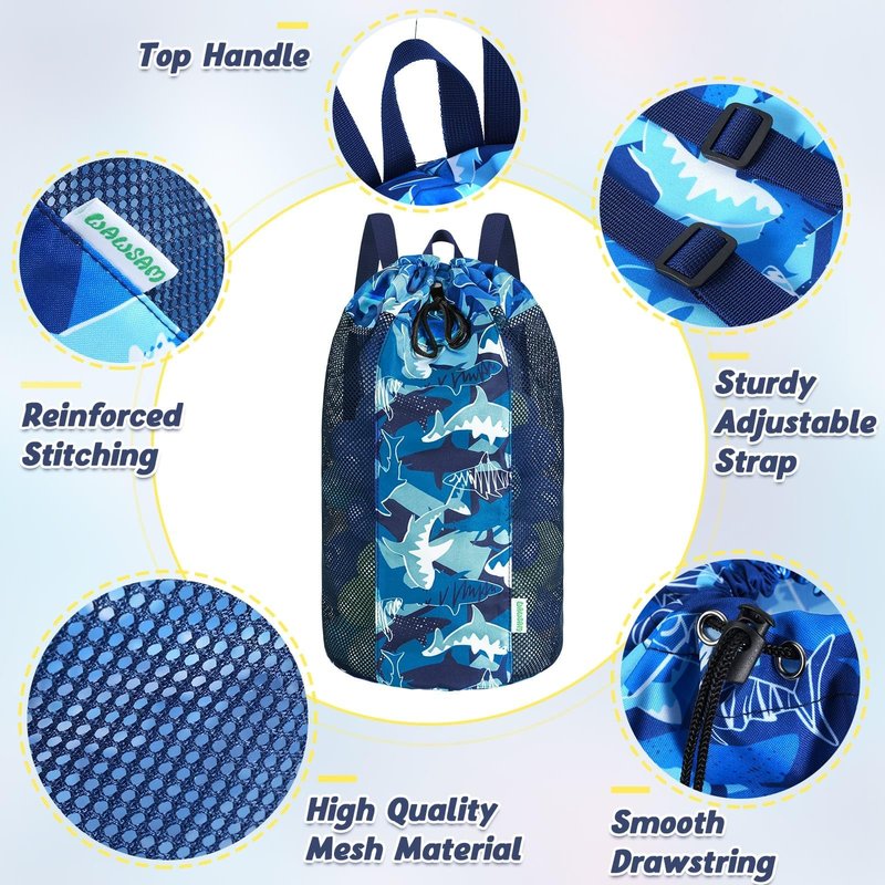 Shark Large Mesh Beach Bag for Kids, Kids Drawstring Beach Backpack for Boys, Tote Mesh Beach Toys Bag, Swim Pool Toys Balls Storage Bags Gym Bag, Beach Toy Shells Organizer