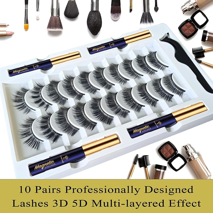 3D Magnetic Eyelashes with Eyeliner Kit - 7C SevenCrown Magnetic Lashes Natural Looking with Upgraded 4 Tubes of Liner Waterproof, Long Lasting,10 Pairs Reusable False Eyelashes Easy to Apply.