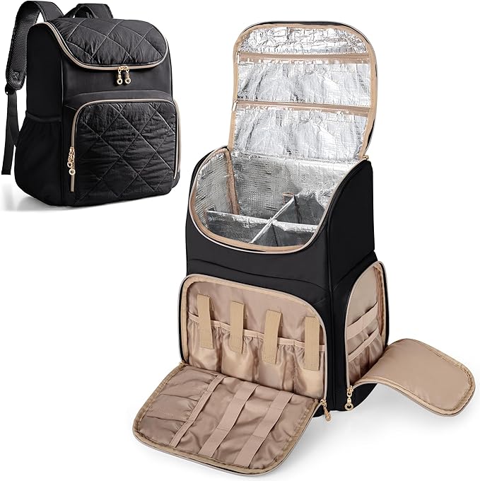 Insulated Hairstylist Travel Bag Backpack with Detachable Dividers and Multiple Pockets, Quilted Hair Tool Travel Bag with Multiple Pockets for Hairstylist and Barber, Black