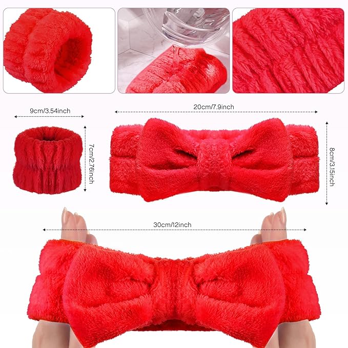 Hanaive 3 Pcs Face Wash Headband and Wristband Set Bow Spa Headbands Face Wash Arm Cuffs for Women Makeup Skincare Bath Headbands Wrist Bands for Washing Sleepover Party Supplies(Red)