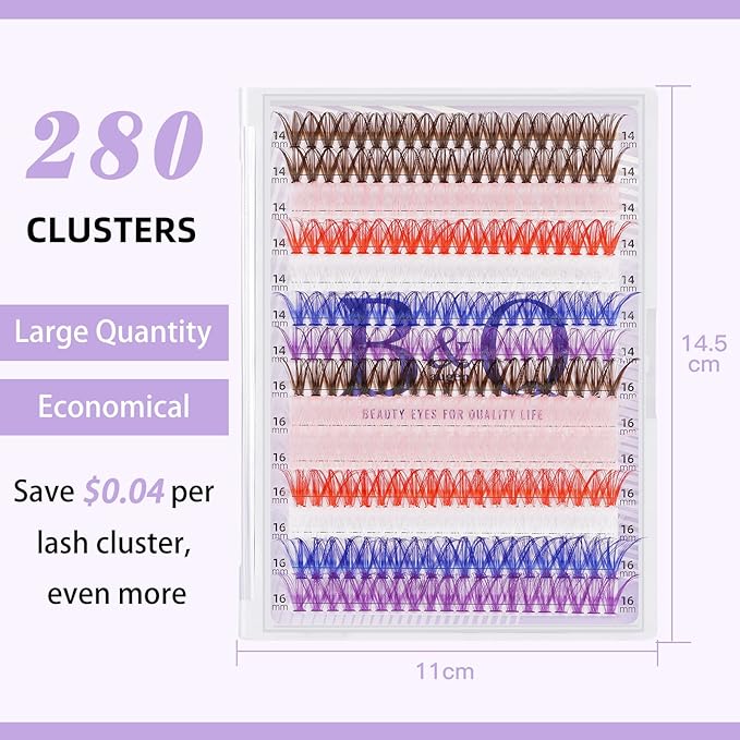 B&Q 280PCS Colored & Rainbow False Eyelashes, 6 Vibrant Colors Lash Clusters Refill Pack in 14mm & 16mm, DIY Volume Lashes for Party, Stage, Cosplay, Festival Makeup