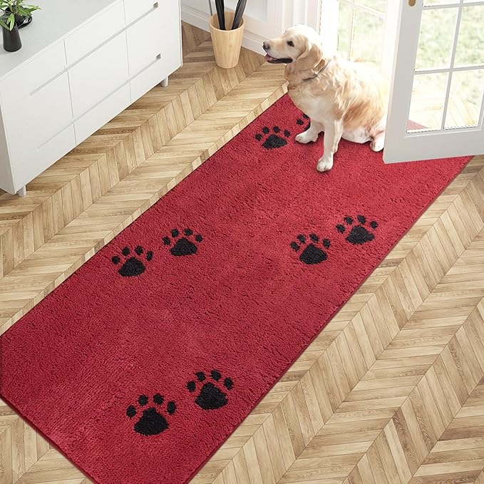 PURRUGS Dirt Trapping Door Mat 32" x 70", Non-Skid/Slip Machine Washable Microfiber Entrance Rug, Shoes Scraper, Dog Doormat, Super Absorbent Floor Mat for Muddy Wet Shoes and Paws, Red