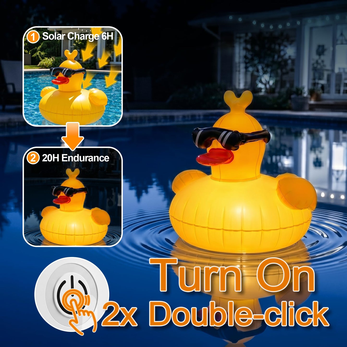 CetusLink Solar Floating Pool Lights, RGBW Color Changing 12-LED 20H Runtime with Remote, Pool Party and Garden Pond Decor, Cool Sunglasses Duck 2-Pack