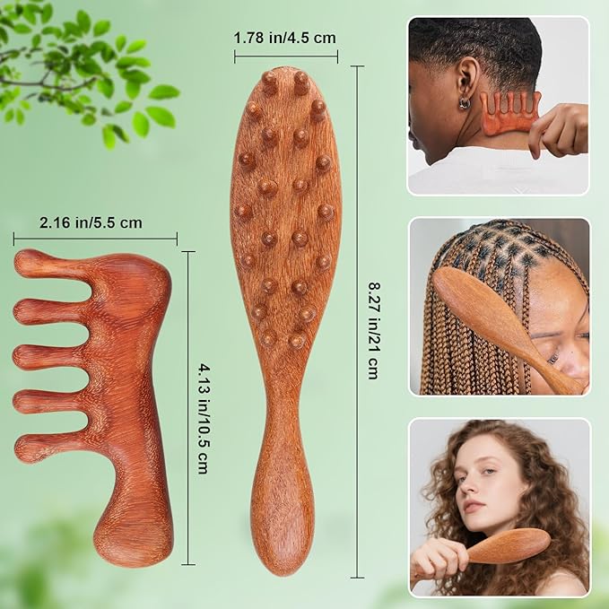 2 Pack Loc Comb for Sisterlocks, Wooden Scalp Massager for Dreadlocks, Sandalwood Wide Tooth Hair Comb for Microlocs, Natural Gua Sha Head Massage Tool for Hair Growth Relaxation Stress