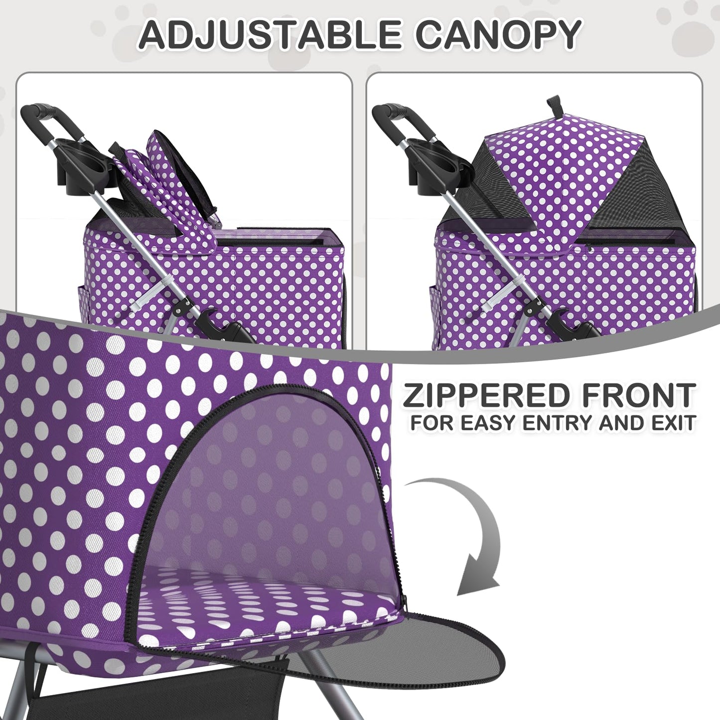MoNiBloom 3 in 1 Foldable Pet Stroller for Small & Medium Dogs, Detachable Carrier, Car Seat, Push Button Entry, 4-Wheel Jogger for Pets up to 33 lbs, Purple Polka Dots