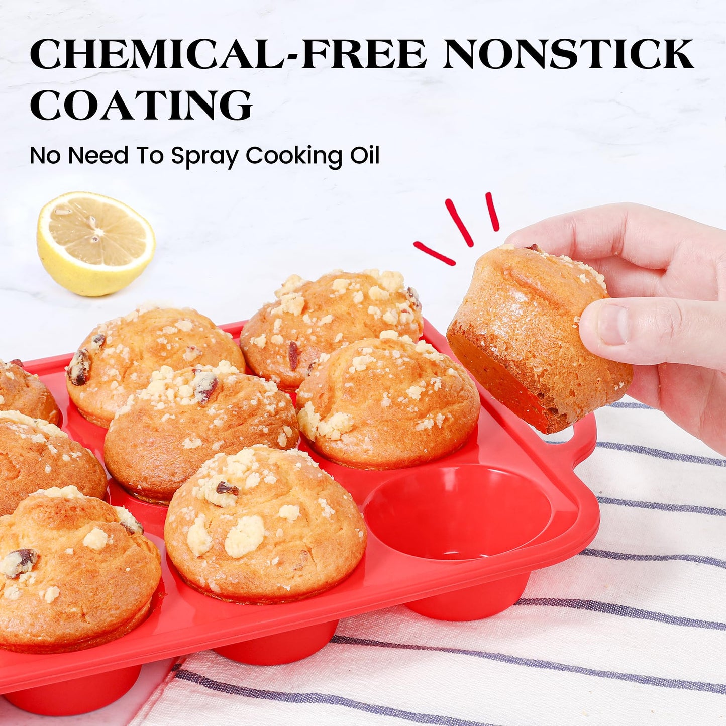 AOTASO Regular 12 Cup and Mini 24 Cup Nonstick Cupcake Pan Set Silicone Muffin Pan for Baking Silicone Cupcake Mold with Metal Reinforced Frame BPA Free (2 Pcs, Red)
