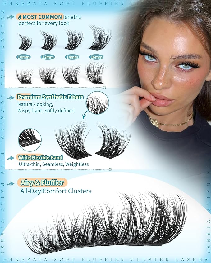 PHKERATA Fluffy Lash Clusters Kit Wispy DIY Eyelash Clusters for Volume, C Curl Cluster Eyelash Extensions Kit with Bond and Seal, at Home Lash Extension Kit, 10-16mm (No Tweezers)