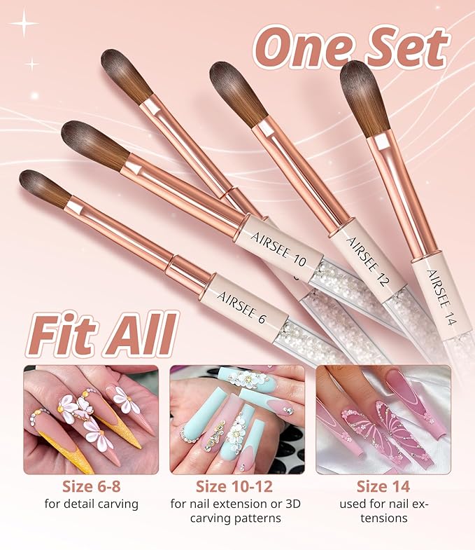 AIRSEE 5PCS Acrylic Nail Brush Set, Size 6/8/10/12/14 for Acrylic Powder Brushes, Nail Extension & 3D Carving Beginner & Professional Use DIY Salon Home, Pearl