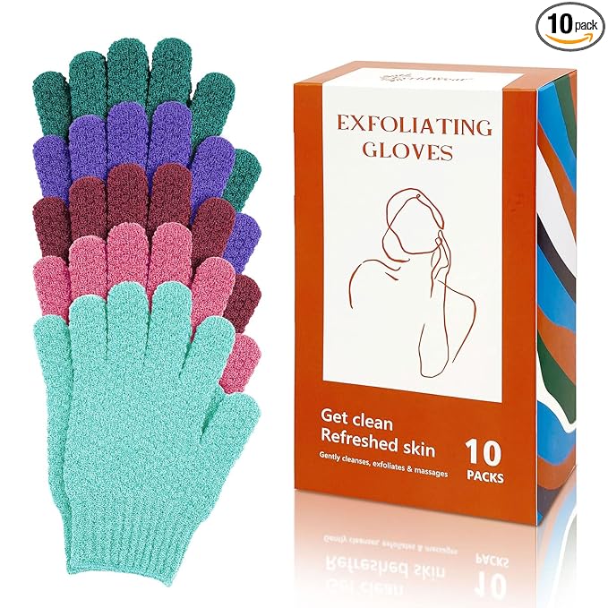 Evridwear Exfoliating Dual Texture Bath Gloves for Shower, Spa, Massage and Body Scrubs, Dead Skin Cell Remover, with Hanging Loop Heavy(5 Pairs Gift Set for Women)