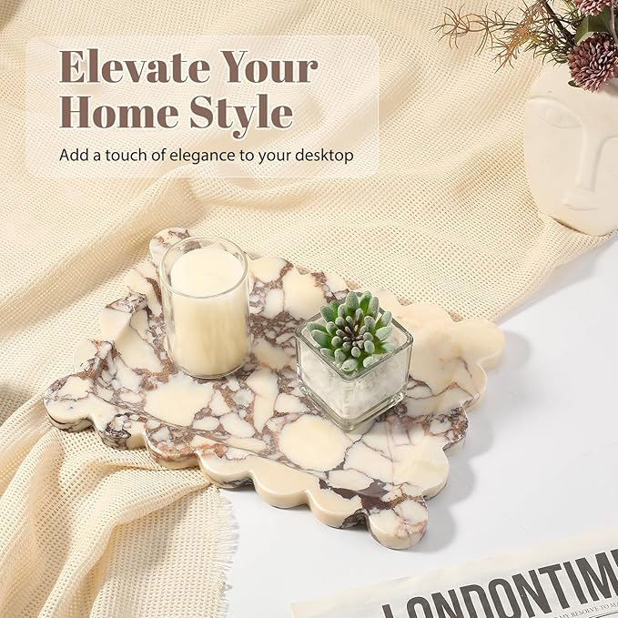Koville Luxury Calacatta Viola Marble Tray, 11"x8" Scalloped Marble Vanity Tray for Countertop Bathroom Kitchen Dresser, Natural Stone Tray for Jewelry Perfume Home Decor, Decorative Catchall Tray
