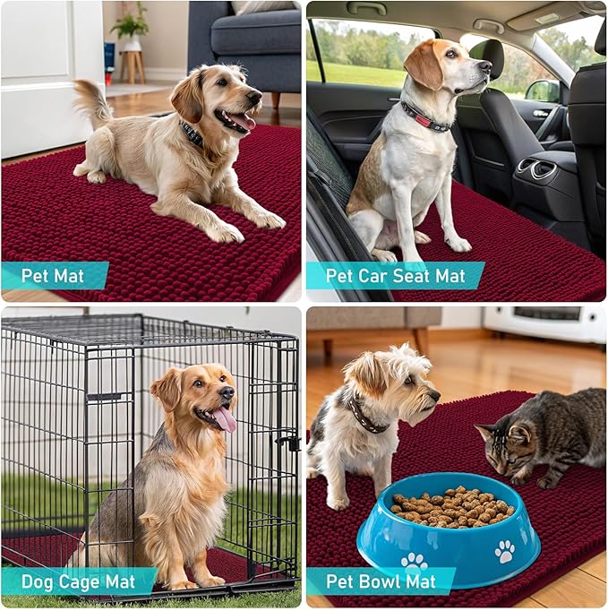 OLANLY Dog Door Mat for Muddy Paws 44x32, Absorbs Moisture and Dirt, Absorbent Non-Slip Washable Doormat, Quick Dry Chenille Mud Mat for Dogs, Entry Indoor Entryway Carpet for Inside Floor, Burgundy