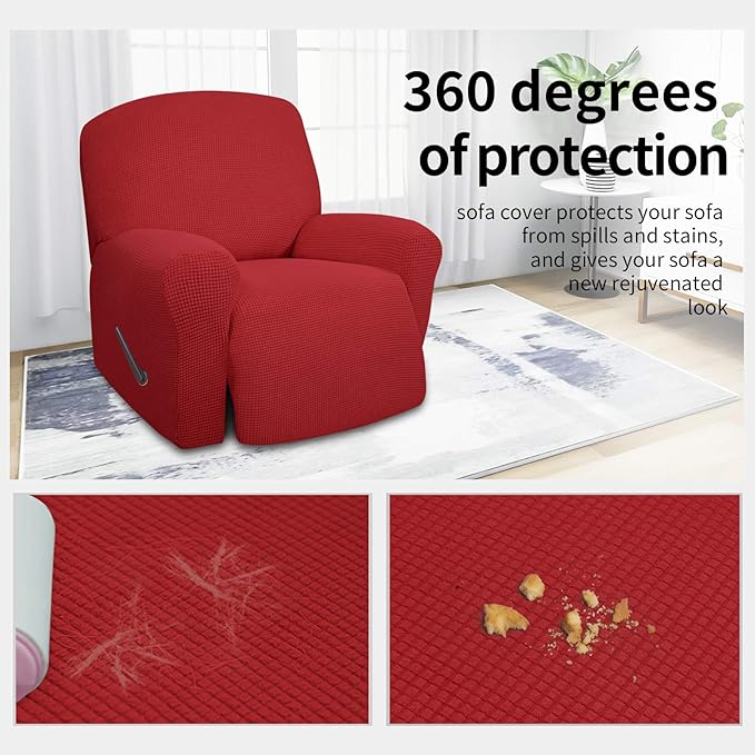 Easy-Going 4 Pieces Oversized Recliner Stretch Sofa Slipcover Sofa Cover Furniture Protector Couch Soft with Elastic Bottom Polyester Spandex Jacquard Fabric Small Checks Christmas Red,X-Large