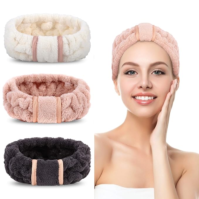 3 Pack Women's Spa Microfiber Skincare Headbands for Face Washing, Makeup Removal and More (Pink, White, Black)