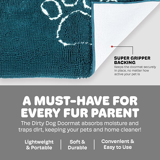 Dog Gone Smart Dirty Dog Doormat - Fast Drying Rug with Super Gripper Backing for Clean Floors - Super Absorbent and Machine Washable Mat for Muddy Paws - Petrol