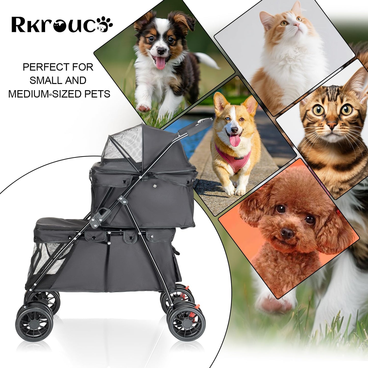 Double Pet Stroller for Medium Small Dogs and Cats with 2 Carriage, Durable Universal Wheels with Brakes Lightweight One Hand Foldale Kittens Puppies Travel Strolling Cart (Black)