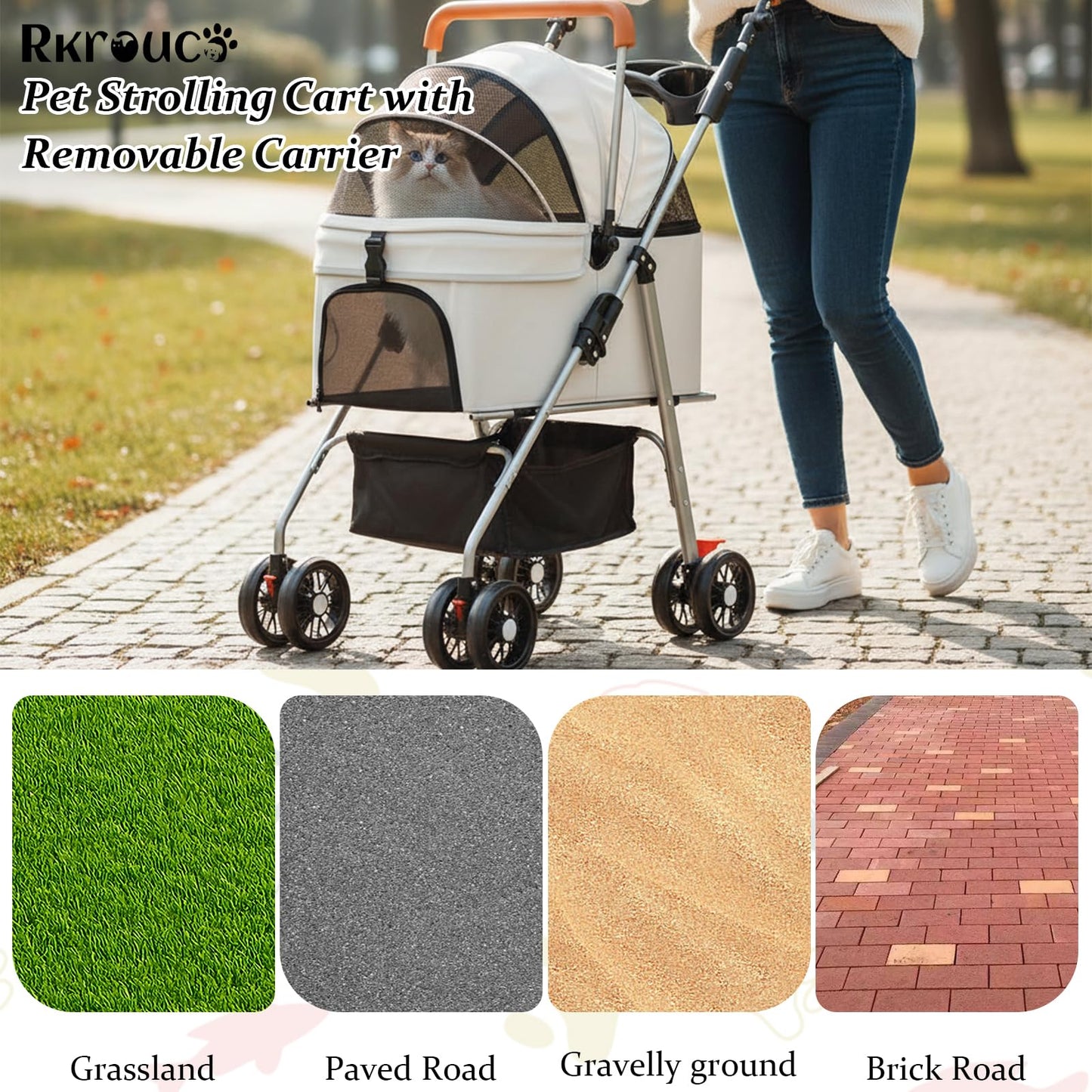 3 in 1 Dog Strollers 4 Wheels Folding Pet Stroller with Detachable Carrier Multifunction Portable Dogs Travel Carriers for Medium Small Puppy Kittens(White Gray)