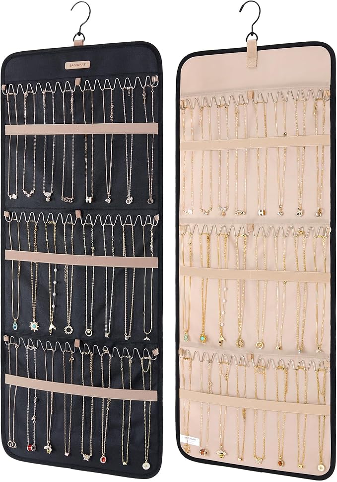 BAGSMART Hanging Necklaces Organizer Jewelry Holder Storage Roll with Hanger Metal Hooks Double-Sided Jewelry Organizer for Necklaces, Bracelets on Closet, Wall, Door, 1 piece, Large Black