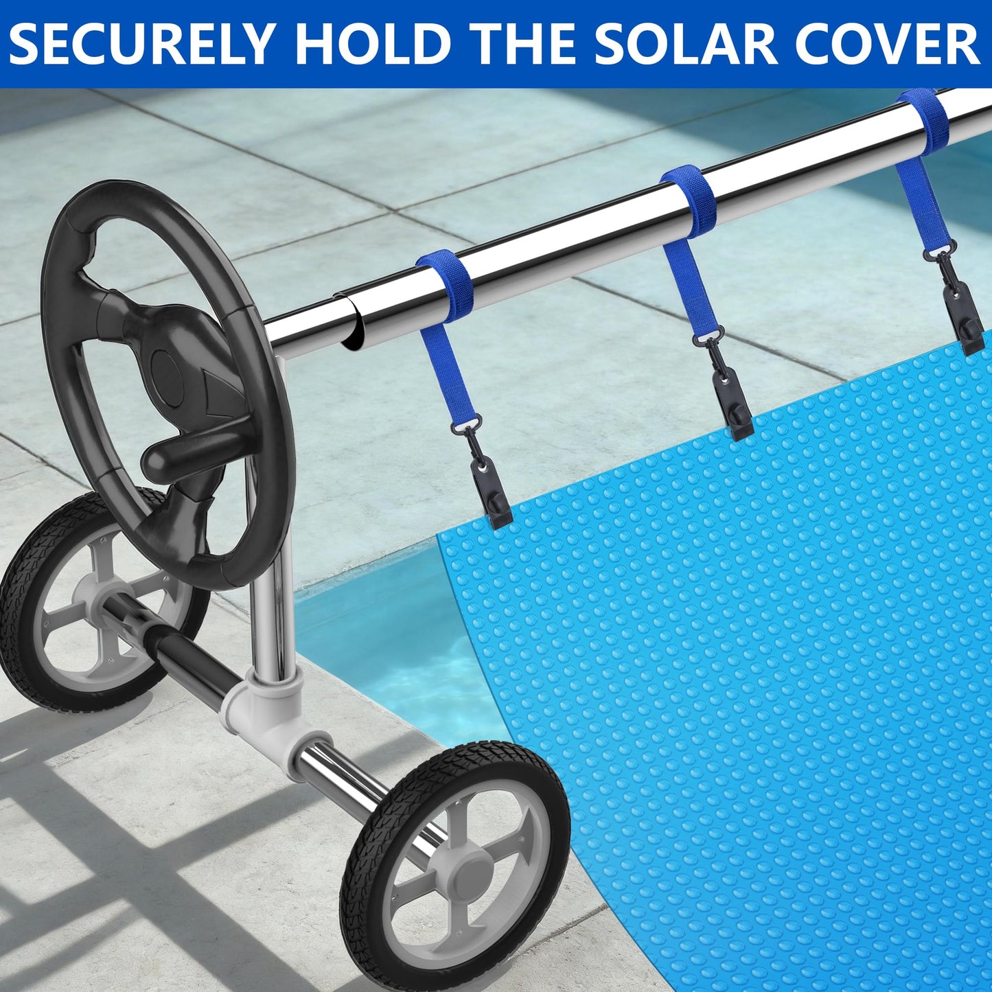 codree 24 Pcs Pool Solar Cover Reel Attachment Kit, Inground Swimming Pool Solar Cover Straps and Clips, Solar Blanket Strap Kit Including 8 Straps with Hooks, 8 Clips and 8 Touch Fastener (Blue)