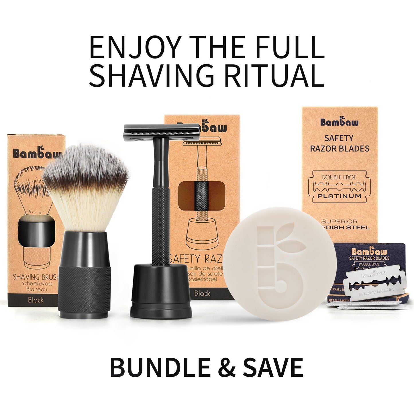 Bambaw Safety Razor for Men with 5 Blades, Double Edge Safety Razors for Men, Sustainable Single Blade Razor, Zero Waste Metal Razors - Black