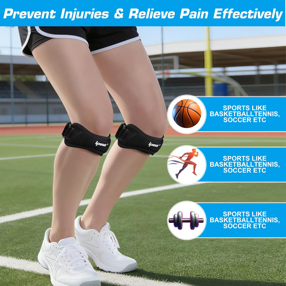 IPOW Patella Tendon Knee Strap 2 Pack Knee Pain Relief & Patella Stabilizer Knee Strap, Patellar Tendon Support Strap, Knee Brace for Running, Hiking, Soccer, Basketball, Jumpers Knee, Tennis, Volleyball & Squats