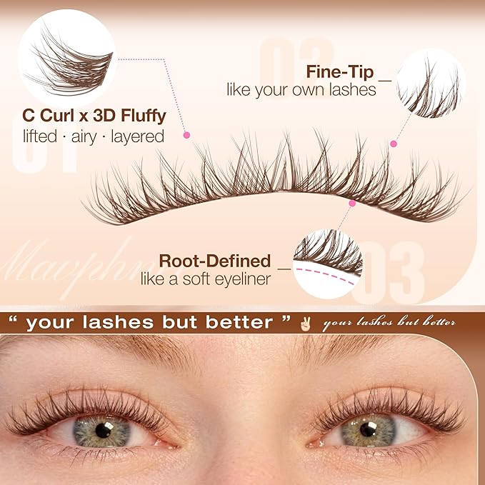 10MM Brown Lash Clusters Wispy Eyelash Extensions with Flexible Clear Band & C Curl, Reusable Natural Cluster Lash Extensions for Everyday Natural & Clean Girl Look