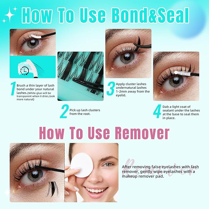 Manga Lash Clusters Kit 144PCS Fairy Eyelash Extension Kit with Lash Bond and Seal, Fake Eyelashes Clusters with Invisible Lashes Band, Lash Glue Remover and Lash Applicators (8-16mm Kit,White Bond)