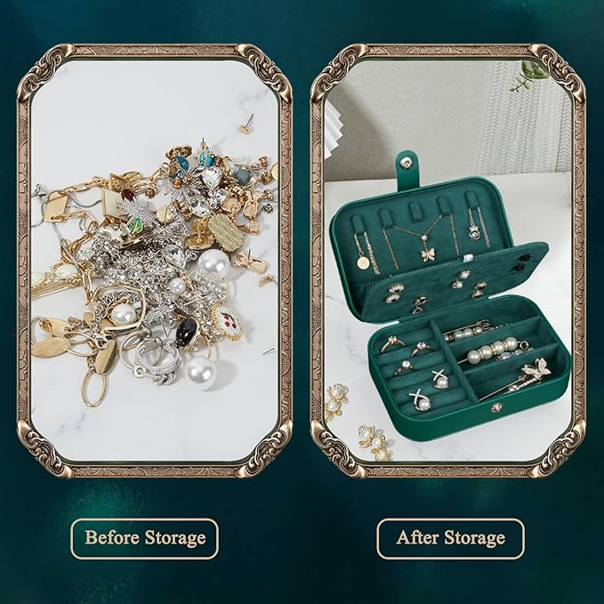 Hatori Travel Jewelry Box, PU Leather Small Jewelry Organizer for Women Girls, Portable Mini Travel Case Display Storage Holder Boxes for Stud Earrings, Rings, Necklaces, Bracelets (Ink Green)