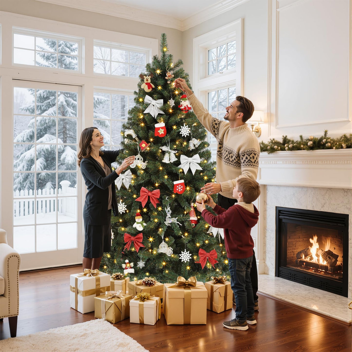 GOOBED Prelit Green Christmas Tree 7.5FT with Remote Control, Pre-Lit Green Artificial Hinged Spruce Christmas Tree with 1450 Tips, 550 LED Lights and 11 Light-Modes for Home, Party Decoration