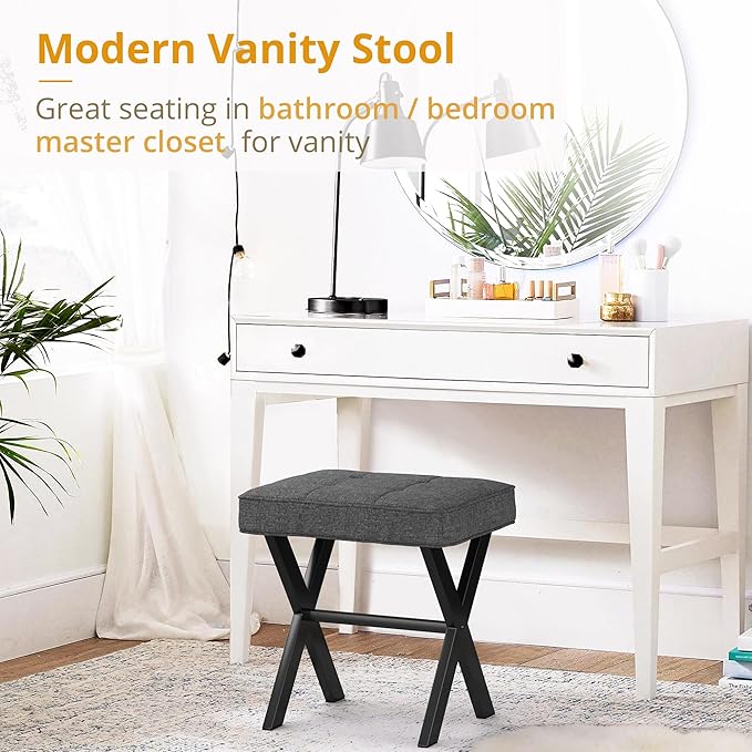 LUE BONA Vanity Stool, Square Linen Makeup Stool with Metal X Legs, Small Ottoman Stool Chair for Vanity, Modern Padded Vanity Seat Foot Rest Stool for Makeup Room, Living Room, Bathroom, Carbon Gray