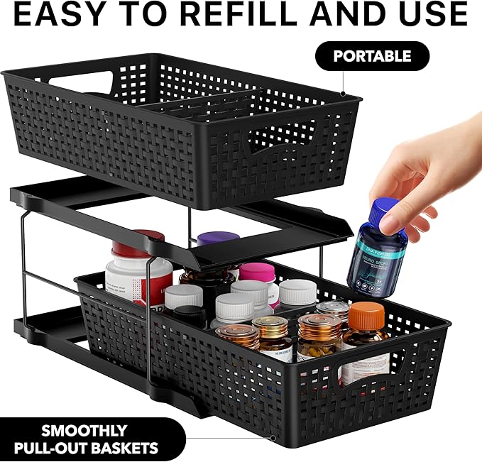 Simple Houseware 2 Tier Bathroom Organizer Tray Pull-Out Sliding Drawer, Under Sink Storage, Black