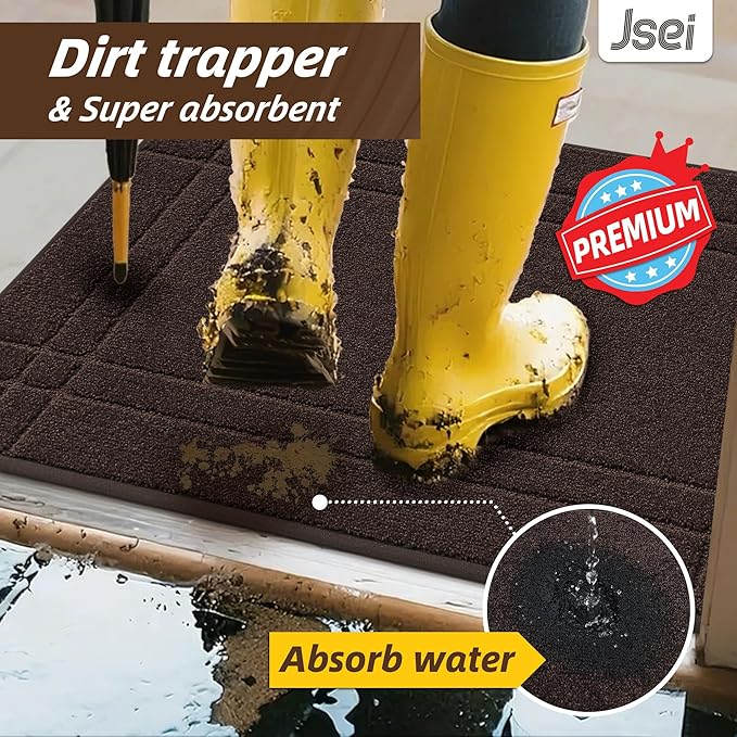 JSEI Entryway Rugs Doormat 32"x48", Non-Slip Dirt Trapper Door Mats Indoor, Washable Absorbent and Stain Resist Welcome Floor Mat for Front Door, Dog Door Mat, Dirty Wet Shoes & Paws, Brown