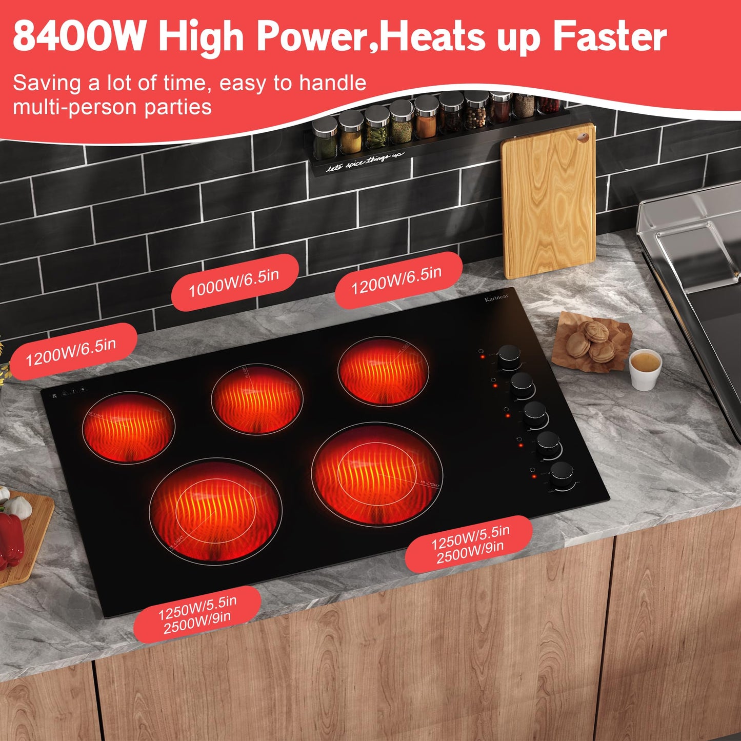 Karinear 36" Electric Cooktop 5 Burners, Knob Control Electric Stove Top, 9 Power Levels, Residual Heat Indicator, 8400W, 40A, 240V Hardwire(Black)
