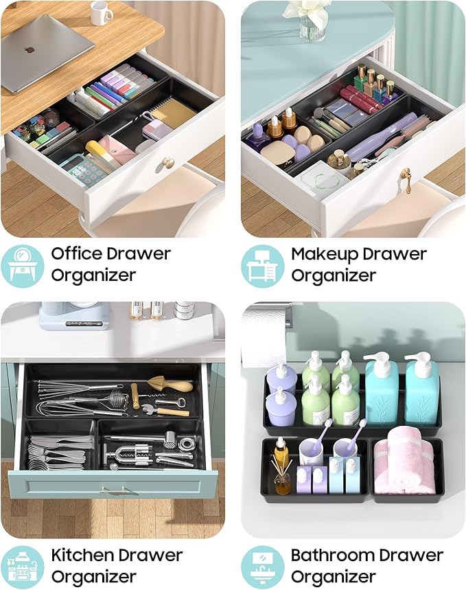 10 Pack Large Size Plastic Drawer Organizers Set, 3 Sizes Desk Drawer Organizer Trays, Storage Bins for Vanity, Makeup, Bathroom, Kitchen Utensils and Office (Black)