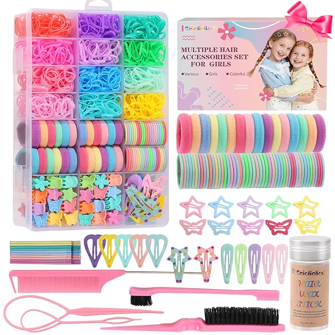 Hair Accessories for Girls, 1350P Colorful Hair Ties Set with 72P Hair Clips, Bobby Pins for Toddlers, Hair Wax Stick, Butterfly Hair Clips, Hair Barrettes with Comb Set&Organizer Box