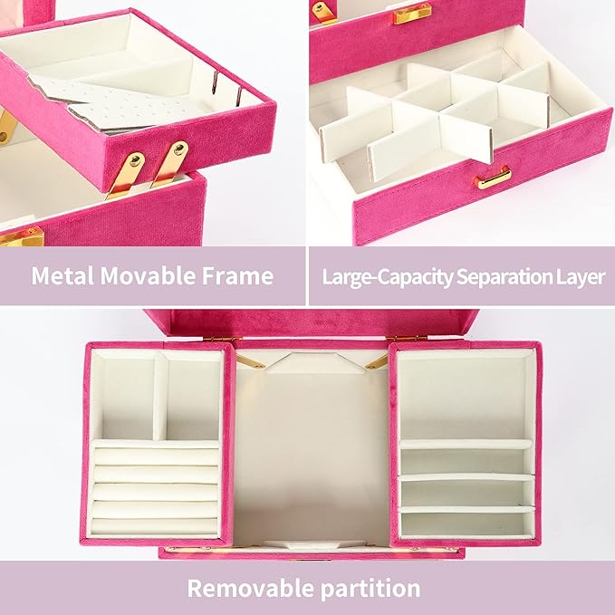 Dajasan Jewelry Organizer Box, Large Jewelry Boxes for Women Girls, Space-Saving 3 Layers Jewelry Storage Case with Drawer, Gift Idea for Christmas, Valentine's Day, Birthday, Mother's Day (Red)