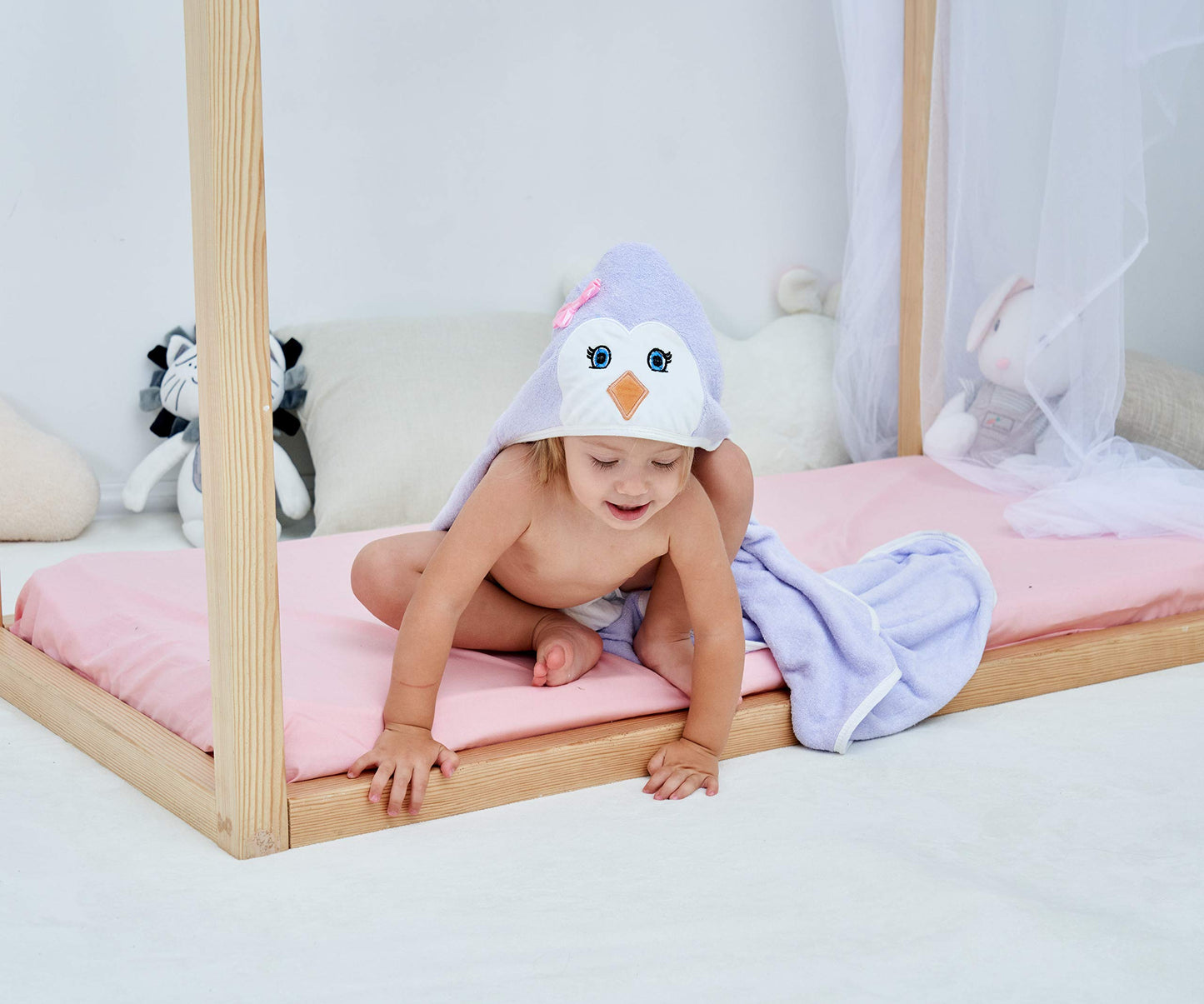 HIPHOP PANDA Hooded Towel - Rayon Made from Bamboo, Bath Towel with Bear Ears for Newborn, Babie, Toddler, Infant - Absorbent Large Baby Towel - Purple Penguin, 30 x 30 Inch