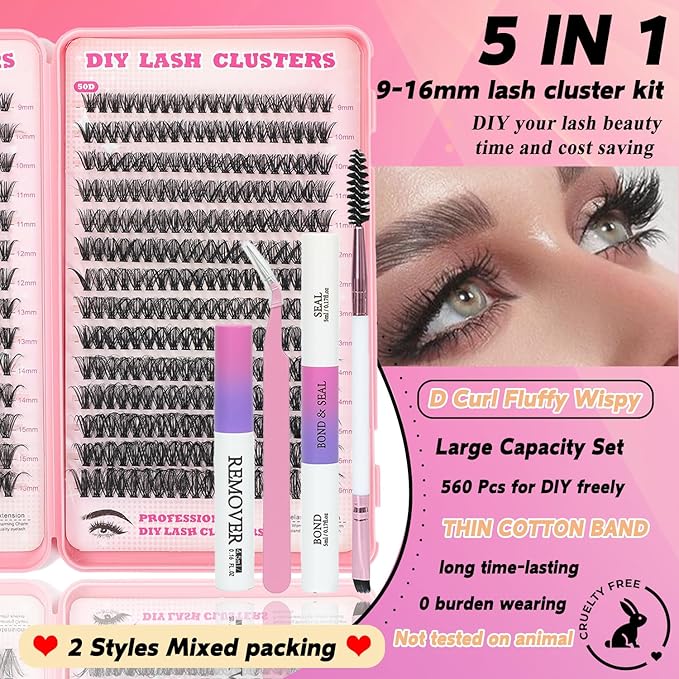 Lash Clusters Kit, 560 Pcs Eyelashes Clusters Kit 9-16mm Individual Lash Extension Kit D Curl Fluffy Wispy False Eyelashes